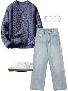 Women's Haze Blue Crewneck Pullover Long Sleeve Vintage Cable Oversized Sweater